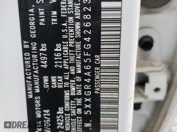 2015 Kia Optima SX Turbo with VIN 5XXGR4A65FG426823, listed as a Copart auction lot 55662665 with 102,829 mi miles and Salvage title. Bid and sale history available at DreamBid. Image 13.