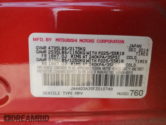2015 Mitsubishi Outlander SE with VIN JA4AD3A35FZ010749, listed as a Copart auction lot 54597355 with 103,053 mi miles and Salvage title. Bid and sale history available at DreamBid. Image 13.