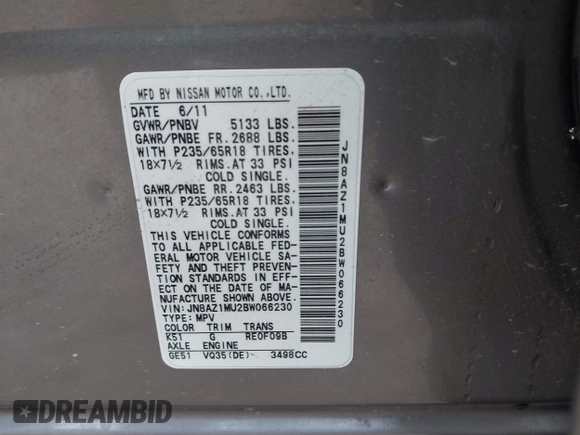 2011 Nissan Murano SL with VIN JN8AZ1MU2BW066230, listed as a IAAI auction lot 41187816 with 135,774 mi miles and . Bid and sale history available at DreamBid. Image 9.