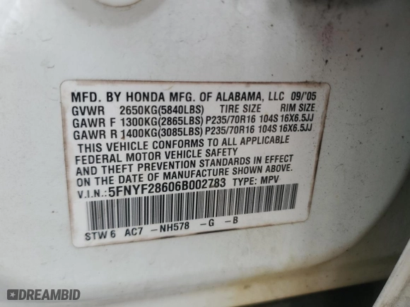 2006 Honda Pilot EX-L with RES with VIN 5FNYF28606B002783, listed as a Copart auction lot 43748855 with 262,114 mi miles and Salvage Title. Bid and sale history available at carsss.com. Image 16.