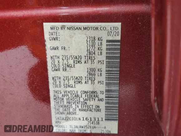 2020 Nissan Murano SL z VIN 5N1AZ2CJ1LN161311, wystawiony jako Copart lot #58058735 z przebiegiem 59 446 mil mil oraz Szkoda całkowita • Salvage title. Historia ofert i sprzedaży dostępna na DreamBid. Obrazek 13.