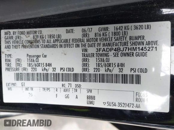 2017 Ford Fiesta SE z VIN 3FADP4BJ7HM145271, wystawiony jako IAAI lot #42056576 z przebiegiem 128 847 mil mil oraz . Historia ofert i sprzedaży dostępna na DreamBid. Obrazek 9.