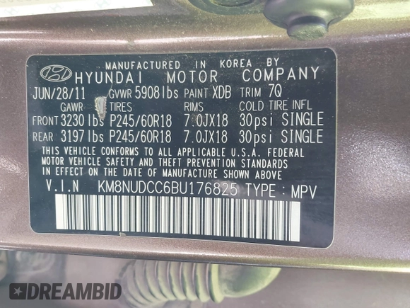 2011 Hyundai Veracruz GLS with VIN KM8NUDCC6BU176825, listed as a IAAI auction lot 41616493 with 174,006 mi miles and . Bid and sale history available at DreamBid. Image 9.
