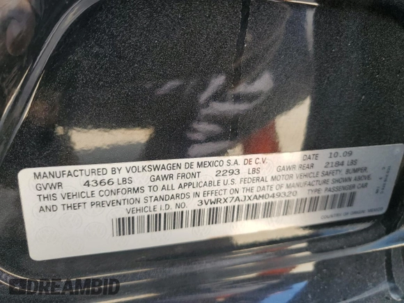 2010 Volkswagen Jetta SE with VIN 3VWRX7AJXAM049320, listed as a Copart auction lot 56142005 with 127,002 mi miles and Salvage title. Bid and sale history available at DreamBid. Image 12.