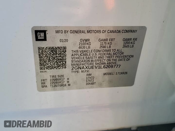 2020 Chevrolet Equinox LT with VIN 2GNAXUEV1L6209777, listed as a Copart auction lot 51868515 with 100,543 mi miles and Salvage Title. Bid and sale history available at DreamBid. Image 13.