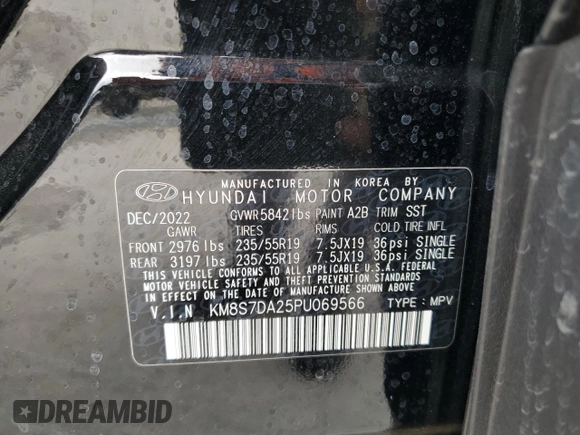2023 Hyundai Santa Fe Limited z VIN KM8S7DA25PU069566, wystawiony jako Copart lot #55275305 z przebiegiem 15 468 mil mil oraz Szkoda całkowita • Salvage title. Historia ofert i sprzedaży dostępna na DreamBid. Obrazek 13.