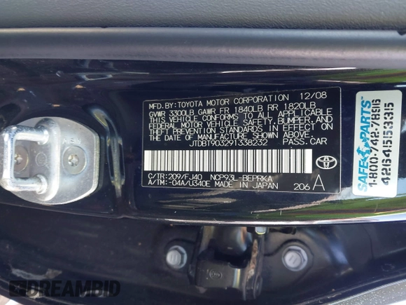 2009 Toyota Yaris z VIN JTDBT903291338232, wystawiony jako IAAI lot #41699916 z przebiegiem Nie podano mil oraz . Historia ofert i sprzedaży dostępna na DreamBid. Obrazek 9.