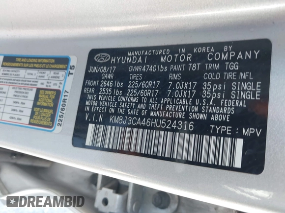 2017 Hyundai Tucson SE with VIN KM8J3CA46HU524316, listed as a IAAI auction lot 41742758 with 50,140 mi miles. Bid and sale history available at carsss.com. Image 9.