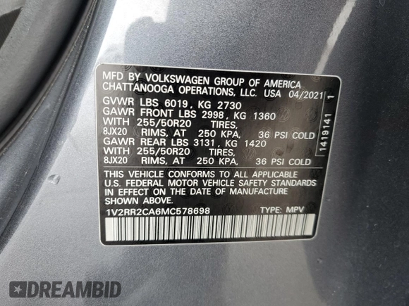 2021 Volkswagen Atlas SE with VIN 1V2RR2CA6MC578698, listed as a Copart auction lot 51353425 with 63,574 mi miles and Salvage title. Bid and sale history available at DreamBid. Image 15.