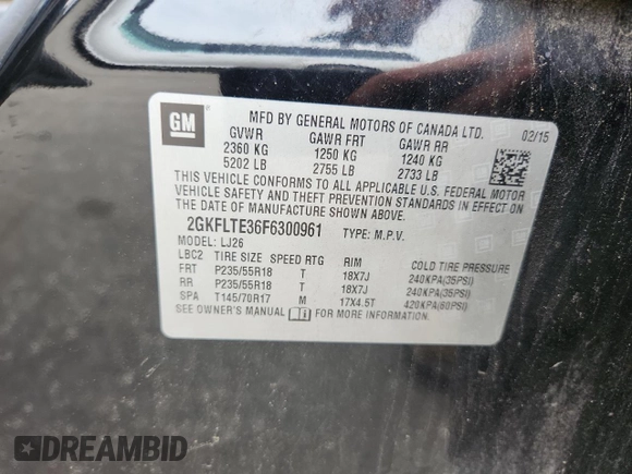 2015 GMC Terrain SLT with VIN 2GKFLTE36F6300961, listed as a Copart auction lot 60200515 with 176,889 mi miles and Salvage title. Bid and sale history available at DreamBid. Image 12.