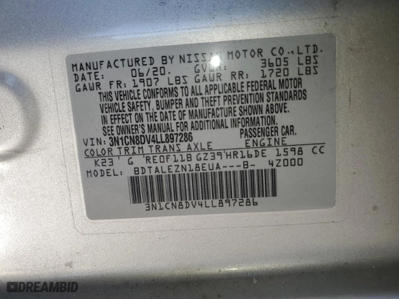 2020 Nissan Versa S with VIN 3N1CN8DV4LL897286, listed as a Copart auction lot 88895675 with 89,690 mi miles and Salvage Title. Bid and sale history available at carsss.com. Image 15.