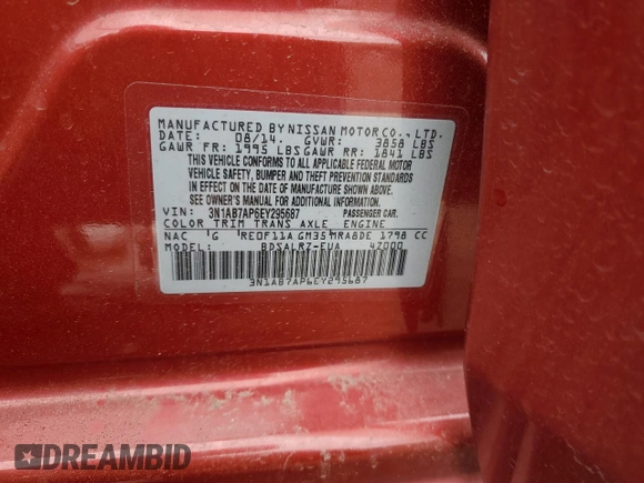 2014 Nissan Sentra SR with VIN 3N1AB7AP6EY295687, listed as a Copart auction lot 50497495 with Not Provided miles and Salvage Title. Bid and sale history available at DreamBid. Image 14.