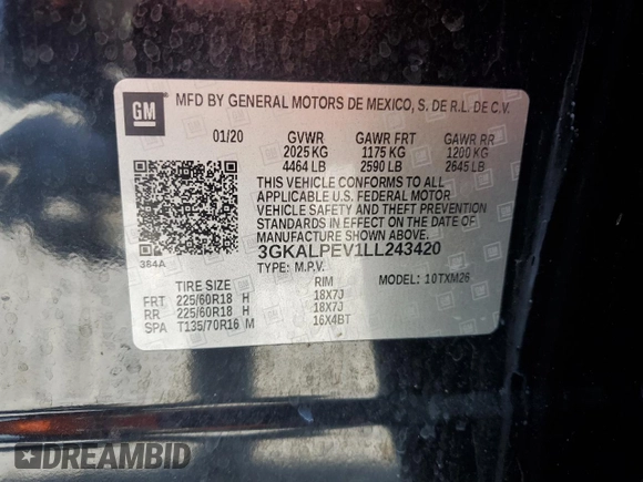 2020 GMC Terrain SLT with VIN 3GKALPEV1LL243420, listed as a Copart auction lot 52810235 with 91,445 mi miles and Non Repairable. Bid and sale history available at carsss.com. Image 14.