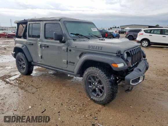 2021 Jeep Wrangler Unlimited Willys with VIN 1C4HJXDM6MW628041, listed as a Copart auction lot 58548475 with 22,697 mi miles and Salvage title. Bid and sale history available at DreamBid. Image 4.