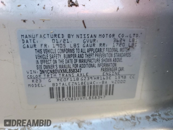 2021 Nissan Versa S with VIN 3N1CN8DVXML858347, listed as a Copart auction lot 46591045 with 24,684 mi miles and Salvage Title. Bid and sale history available at carsss.com. Image 13.