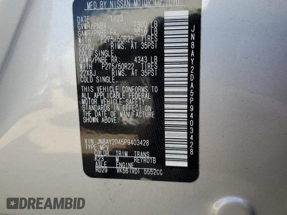 2023 Nissan Armada Platinum with VIN JN8AY2DA5P9403428, listed as a Copart auction lot 70490644 with Not Provided miles and Salvage Title. Bid and sale history available at carsss.com. Image 13.