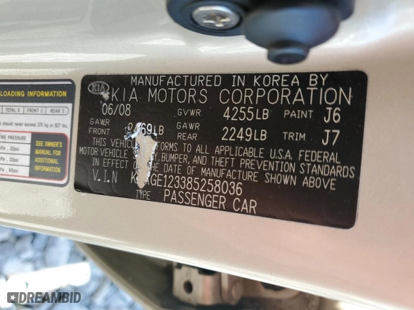 2008 Kia Optima LX with VIN KNAGE123385258036, listed as a Copart auction lot 52853485 with 147,314 mi miles and Non Repairable. Bid and sale history available at carsss.com. Image 13.