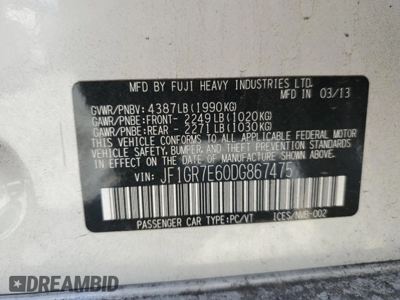 2013 Subaru WRX WRX with VIN JF1GR7E60DG867475, listed as a Copart auction lot 55363055 with 115,832 mi miles and Clean title. Bid and sale history available at DreamBid. Image 12.