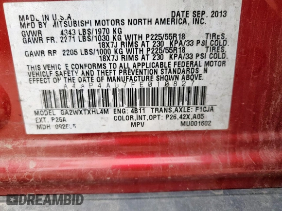 2014 Mitsubishi Outlander SE z VIN 4A4AP4AU7EE010827, wystawiony jako Copart lot #59308555 z przebiegiem 165 321 mil mil oraz Szkoda całkowita • Salvage title. Historia ofert i sprzedaży dostępna na DreamBid. Obrazek 12.