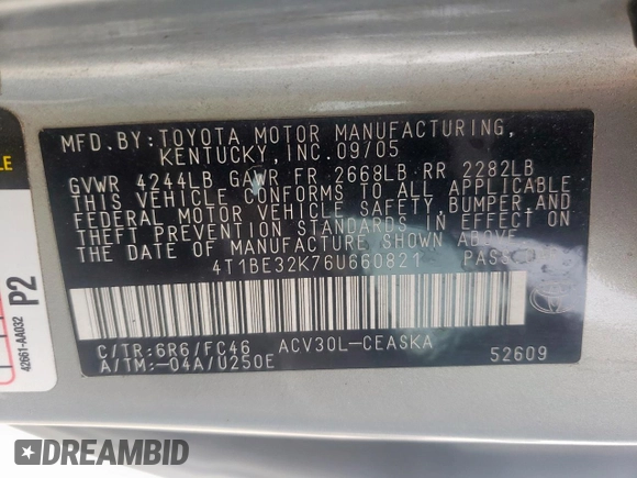 2006 Toyota Camry STD z VIN 4T1BE32K76U660821, wystawiony jako Copart lot #58806275 z przebiegiem 187 990 mil mil oraz Szkoda całkowita • Salvage title. Historia ofert i sprzedaży dostępna na DreamBid. Obrazek 12.