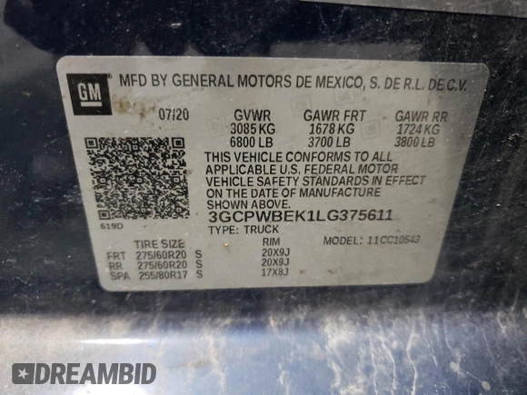2020 Chevrolet Silverado 1500 Custom with VIN 3GCPWBEK1LG375611, listed as a Copart auction lot 54443785 with 116,591 mi miles and Salvage Title. Bid and sale history available at DreamBid. Image 13.