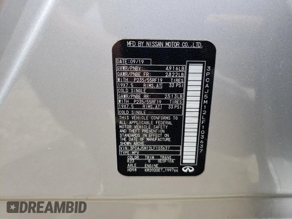 2020 Infiniti QX50 LUXE with VIN 3PCAJ5M12LF103637, listed as a Copart auction lot 50857392 with 13,216 mi miles. Bid and sale history available at carsss.com. Image 10.