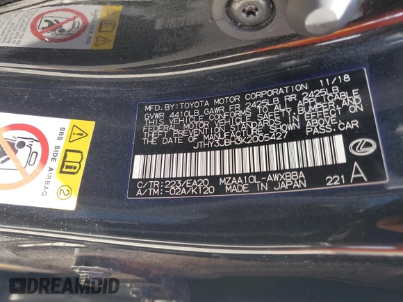 2019 Lexus UX 200 с VIN JTHY3JBH3K2005427, выставлен на аукционе Copart как лот 56240215 с пробегом 84 762 миль миль и Списание • Salvage title. История ставок и продаж доступна на DreamBid. Изображение 13.