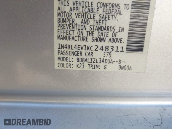 2019 Nissan Altima 2.5 SL with VIN 1N4BL4EV1KC248311, listed as a IAAI auction lot 41826242 with 107,101 mi miles. Bid and sale history available at carsss.com. Image 9.