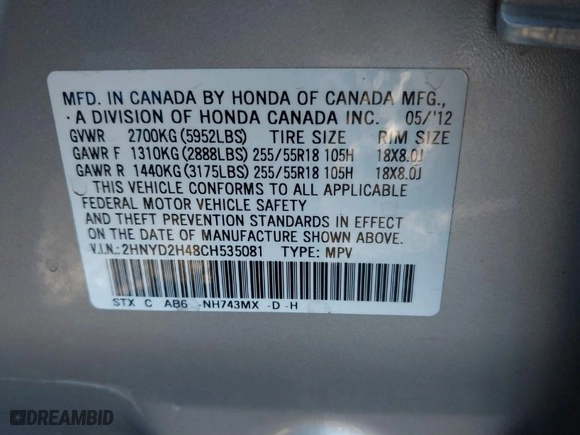 2012 Acura MDX Tech/Entertainment Pkg with VIN 2HNYD2H48CH535081, listed as a IAAI auction lot 41429223 with 165,787 mi miles. Bid and sale history available at carsss.com. Image 9.