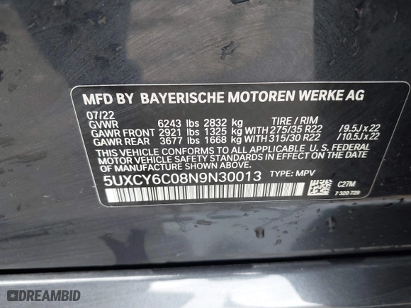 2022 BMW X6 xDrive40i with VIN 5UXCY6C08N9N30013, listed as a IAAI auction lot 41772245 with 23,198 mi miles. Bid and sale history available at carsss.com. Image 9.