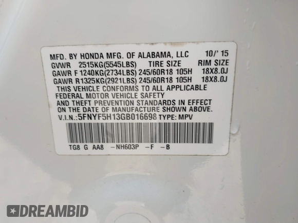 2016 Honda Pilot LX with VIN 5FNYF5H13GB016698, listed as a IAAI auction lot 41685173 with 188,001 mi miles and . Bid and sale history available at DreamBid. Image 9.