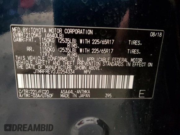 2018 Toyota RAV4 XLE with VIN JTMRFREV2JD254334, listed as a Copart auction lot 53079335 with 27,717 mi miles and Clean Title. Bid and sale history available at DreamBid. Image 15.