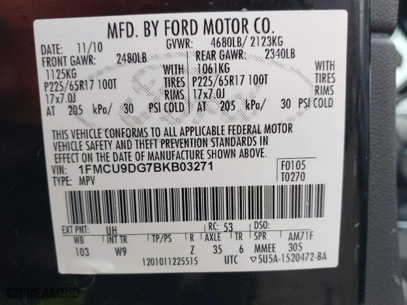 2011 Ford Escape XLT with VIN 1FMCU9DG7BKB03271, listed as a IAAI auction lot 41711731 with 139,135 mi miles. Bid and sale history available at carsss.com. Image 9.