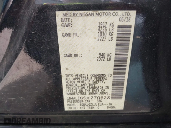2018 Nissan Altima 2.5 S with VIN 1N4AL3AP3JC270628, listed as a IAAI auction lot 42148978 with 62,561 mi miles. Bid and sale history available at carsss.com. Image 9.