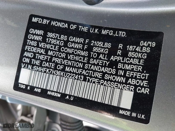 2019 Honda Civic Hatchback LX with VIN SHHFK7H36KU222413, listed as a IAAI auction lot 41536621 with NaN miles. Bid and sale history available at carsss.com. Image 9.