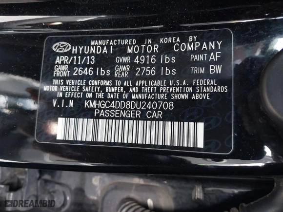 2013 Hyundai Genesis 3.8L with VIN KMHGC4DD8DU240708, listed as a IAAI auction lot 41949082 with 112,920 mi miles. Bid and sale history available at carsss.com. Image 9.