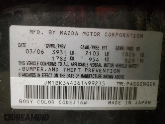 2006 Mazda 3 S Grand Touring with VIN JM1BK344361499235, listed as a Copart auction lot 81063414 with Not Provided miles and Clean Title. Bid and sale history available at DreamBid. Image 14.
