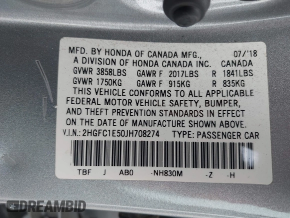 2018 Honda Civic Si with VIN 2HGFC1E50JH708274, listed as a IAAI auction lot 42034872 with 48,551 mi miles and . Bid and sale history available at DreamBid. Image 9.