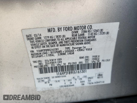 2014 Ford Taurus Limited with VIN 1FAHP2F89EG165301, listed as a Copart auction lot 63856455 with 160,439 mi miles and Clean title. Bid and sale history available at DreamBid. Image 12.