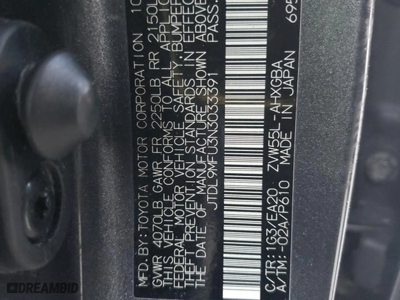 2022 Toyota Prius LE with VIN JTDL9MFU3N3033391, listed as a Copart auction lot 86853604 with 0 mi miles and Salvage Title. Bid and sale history available at carsss.com. Image 12.