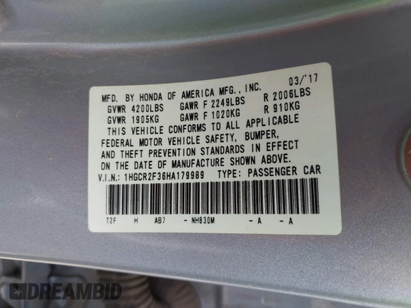 2017 Honda Accord Sedan LX with VIN 1HGCR2F36HA179989, listed as a IAAI auction lot 42088773 with 161,424 mi miles. Bid and sale history available at carsss.com. Image 9.