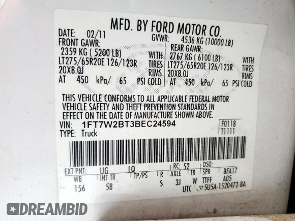 2011 Ford F-250 XL with VIN 1FT7W2BT3BEC24594, listed as a Copart auction lot 59517695 with 289,337 mi miles and Salvage title. Bid and sale history available at DreamBid. Image 12.