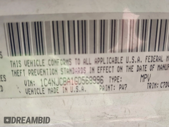 2016 Jeep Compass Sport with VIN 1C4NJCBA1GD568996, listed as a IAAI auction lot 42116719 with 167,751 mi miles and . Bid and sale history available at DreamBid. Image 9.