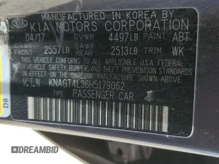 2017 Kia Optima LX with VIN KNAGT4L36H5179062, listed as a Copart auction lot 62503565 with 151,231 mi miles and Salvage title. Bid and sale history available at DreamBid. Image 12.