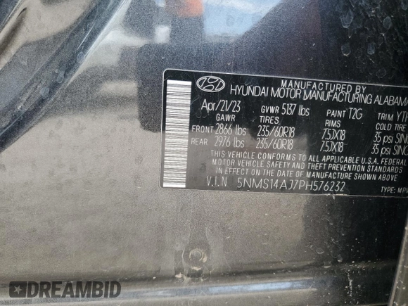 2023 Hyundai Santa Fe SE with VIN 5NMS14AJ7PH576232, listed as a Copart auction lot 56902025 with 23,314 mi miles and Salvage title. Bid and sale history available at DreamBid. Image 13.