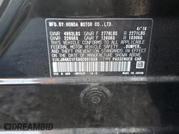 2016 Acura RLX Tech Pkg with VIN JH4KC1F58GC001638, listed as a Copart auction lot 55614355 with 66,701 mi miles and Salvage Title. Bid and sale history available at carsss.com. Image 13.