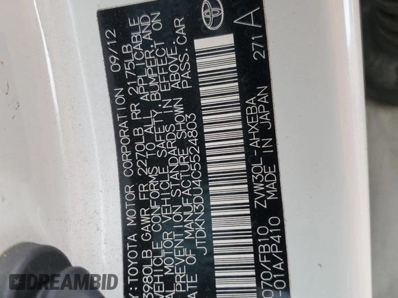 2012 Toyota Prius One z VIN JTDKN3DU4C5524803, wystawiony jako Copart lot #51179305 z przebiegiem 178 113 mil mil oraz Szkoda całkowita • Salvage title. Historia ofert i sprzedaży dostępna na DreamBid. Obrazek 12.