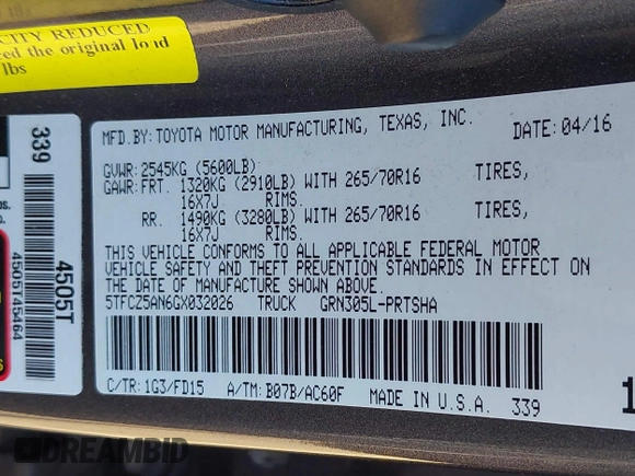 2016 Toyota Tacoma SR with VIN 5TFCZ5AN6GX032026, listed as a IAAI auction lot 42091523 with 159,259 mi miles and . Bid and sale history available at carsss.com. Image 9.