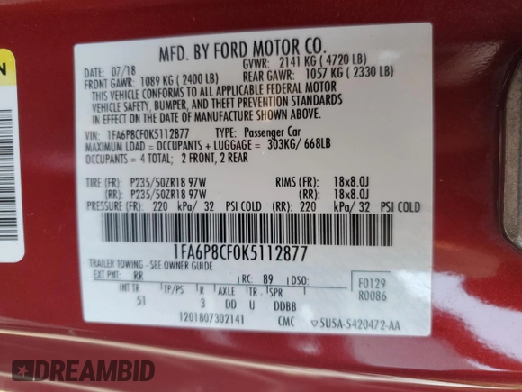 2019 Ford Mustang GT with VIN 1FA6P8CF0K5112877, listed as a Copart auction lot 59865955 with 85,527 mi miles and Salvage title. Bid and sale history available at DreamBid. Image 13.