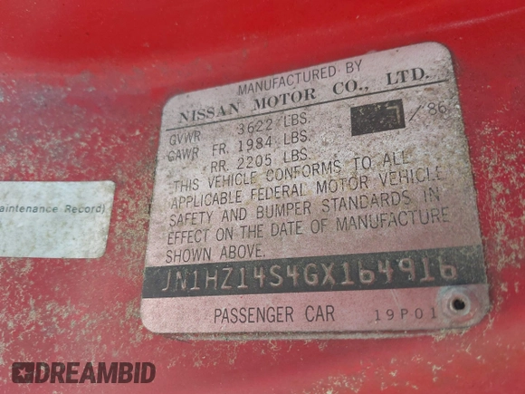 1986 Nissan 300ZX z VIN JN1HZ14S4GX164916, wystawiony jako IAAI lot #42295717 z przebiegiem 254 114 mil mil oraz . Historia ofert i sprzedaży dostępna na DreamBid. Obrazek 9.